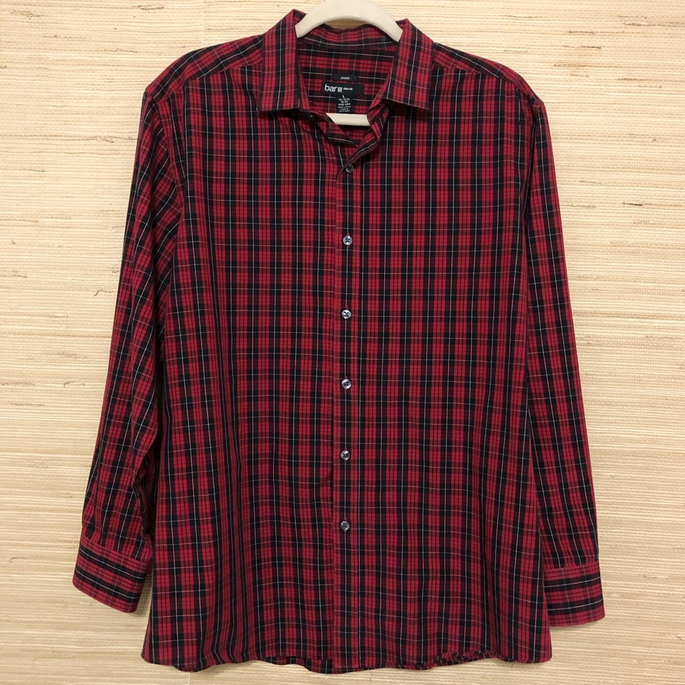 Bar III Men’s Slim Fit Stretch Red Black Plaid Button Down Dress Shirt Large